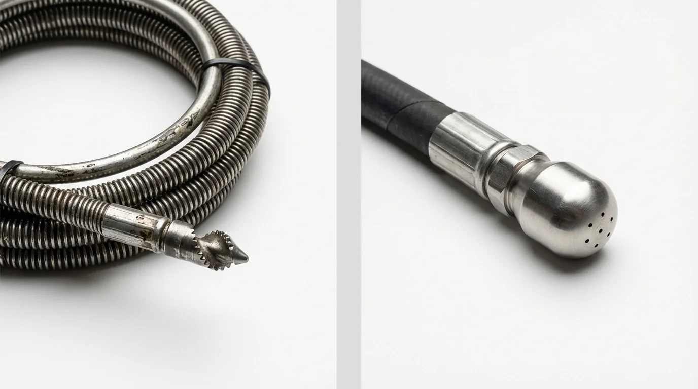 Drain snake cable and hydro jetting nozzle used for drain cleaning in Evans, CO