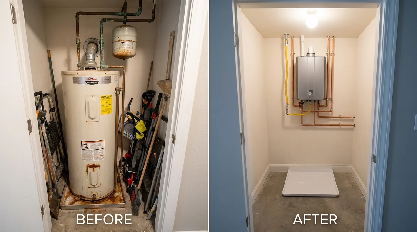 Tank water heater versus wall-mounted tankless unit comparison for Evans, CO homeowners