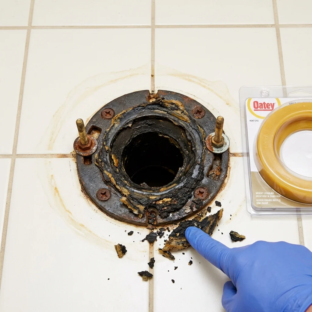 Failed wax ring showing water seepage at the base of a toilet in a Evans, CO home