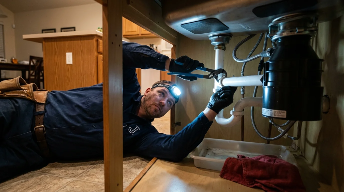 P-trap and supply line connections under a kitchen sink showing a common leak point in Evans, CO